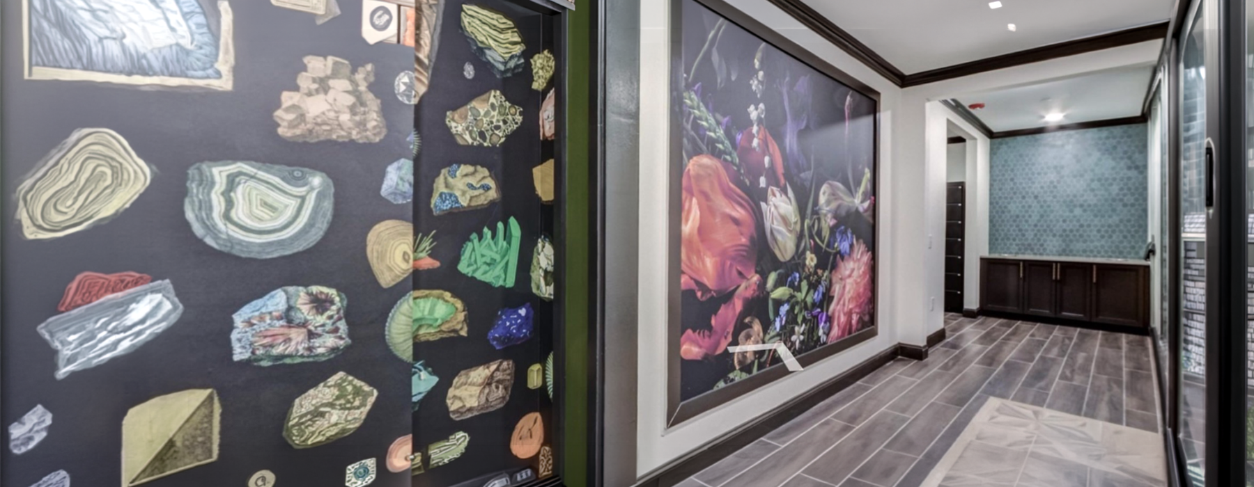 spacious mail room with wall art